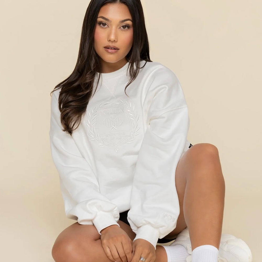 BRAND NEW POPFLEX Active Club Cloud Crewneck Embroidered Sweater - White S/M